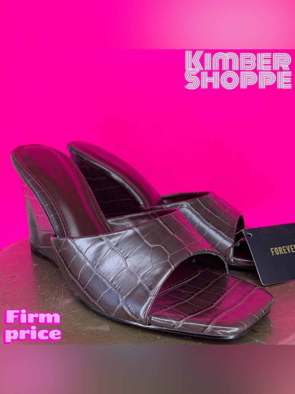 Forever 21 Brown Faux Croc Square Toe Wedge Slip-On Sandal US 9 UK 7